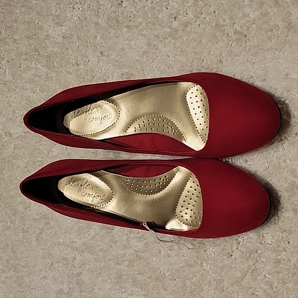 Red faux suede pumps